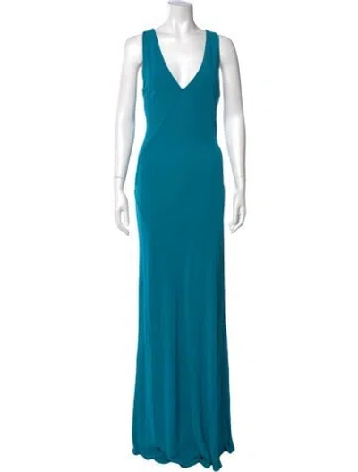 Pre-owned Halston V-neck Long Dress In Blue