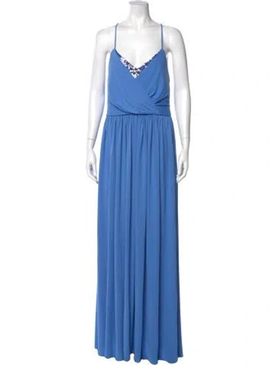 Pre-owned Halston V-neck Long Dress In Blue