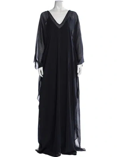 Pre-owned Halston V-neck Long Dress In Blue