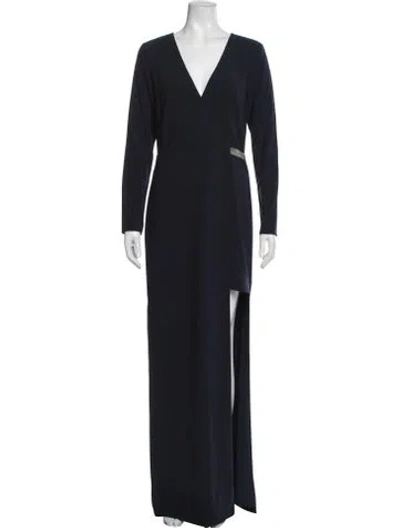 Pre-owned Halston V-neck Long Dress In Blue