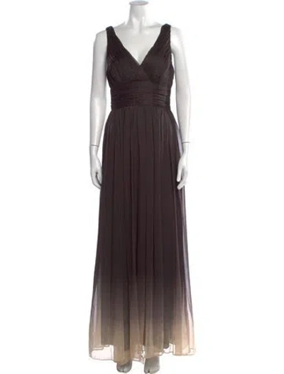 Pre-owned Halston V-neck Long Dress In Brown