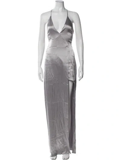 Pre-owned Halston V-neck Long Dress In Gray