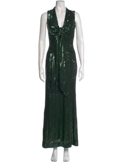 Pre-owned Halston V-neck Long Dress In Green