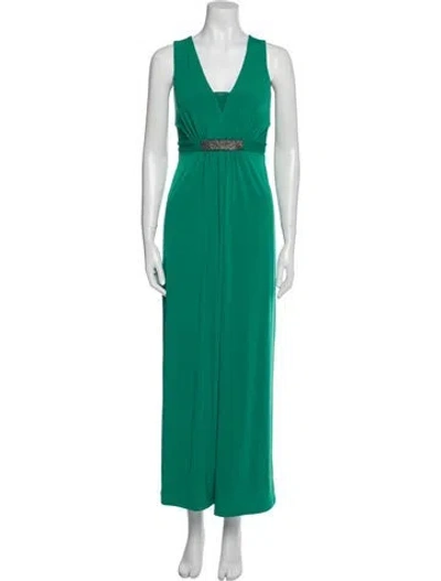 Pre-owned Halston V-neck Long Dress In Green