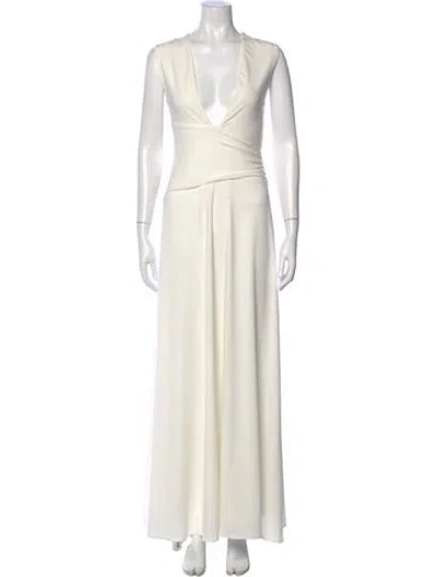 Pre-owned Halston V-neck Long Dress In Neutral