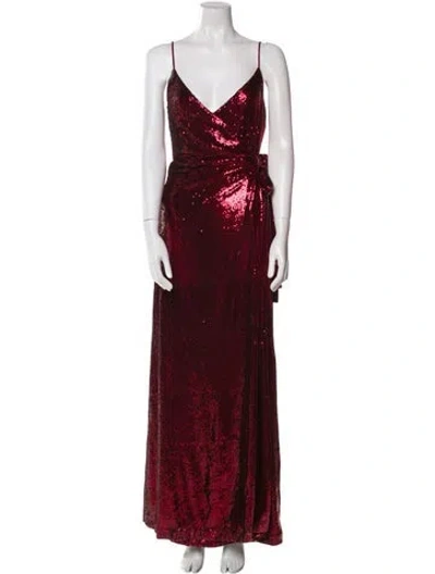 Pre-owned Halston V-neck Long Dress In Red