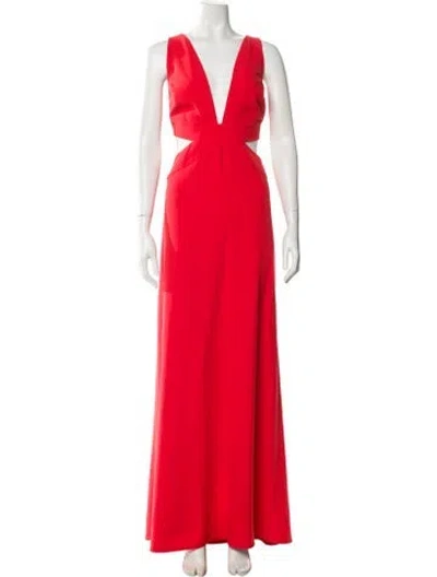 Pre-owned Halston V-neck Long Dress In Red