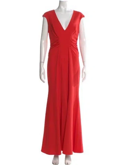 Pre-owned Halston V-neck Long Dress In Red