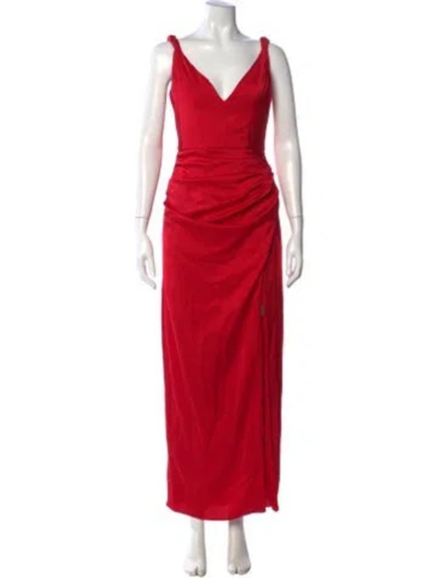 Pre-owned Halston V-neck Long Dress In Red