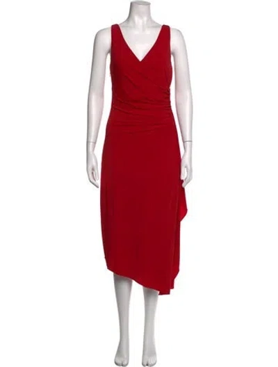 Pre-owned Halston V-neck Long Dress In Red