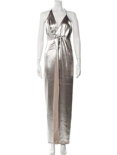 Pre-owned Halston V-neck Long Dress In Silver