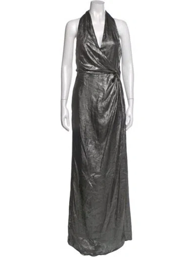 Pre-owned Halston V-neck Long Dress In Silver
