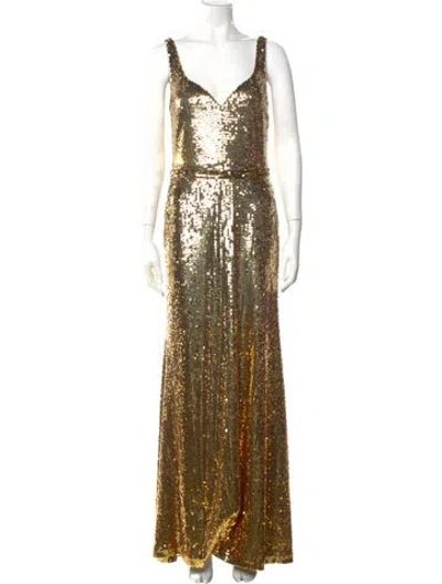 Pre-owned Halston V-neck Long Dress W/ Tags In Gold