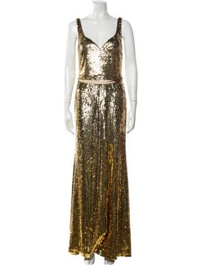 Pre-owned Halston V-neck Long Dress W/ Tags In Gold
