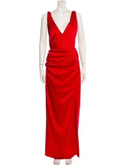 Pre-owned Halston V-neck Long Dress W/ Tags In Red