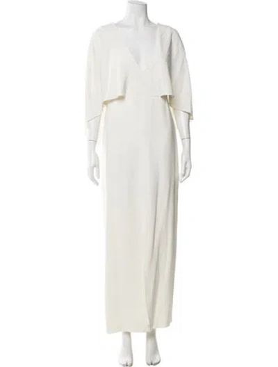 Pre-owned Halston V-neck Long Dress In White