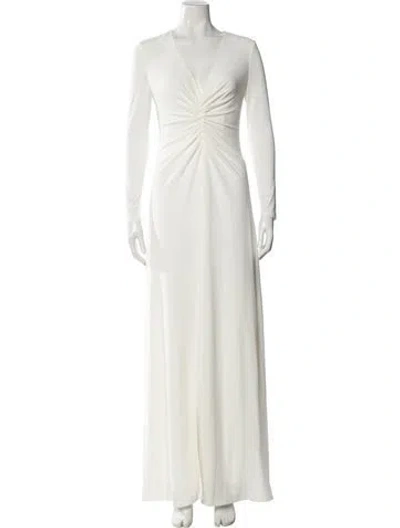Pre-owned Halston V-neck Long Dress In White