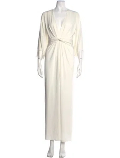 Pre-owned Halston V-neck Long Dress In White