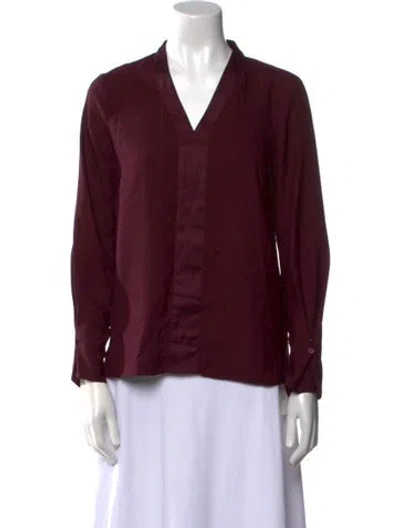 Pre-owned Halston V-neck Long Sleeve Blouse In Burgundy