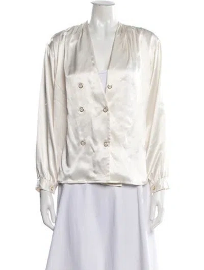 Pre-owned Halston V-neck Long Sleeve Blouse In Neutrals