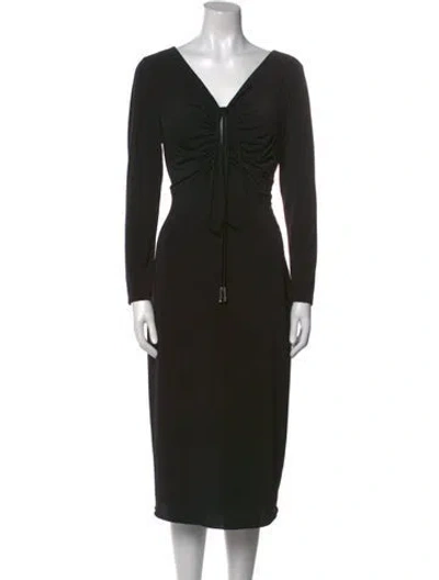 Pre-owned Halston V-neck Midi Length Dress In Black