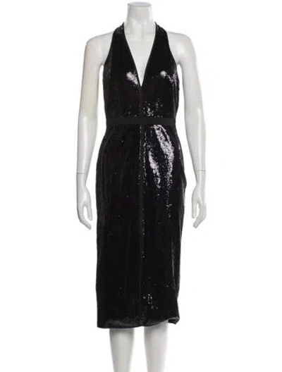 Pre-owned Halston V-neck Midi Length Dress In Black