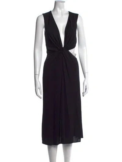 Pre-owned Halston V-neck Midi Length Dress In Black
