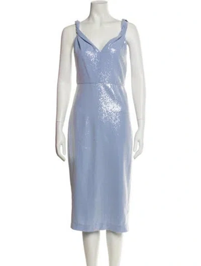 Pre-owned Halston V-neck Midi Length Dress In Blue