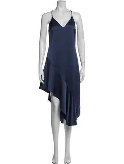 Pre-owned Halston V-neck Midi Length Dress In Blue