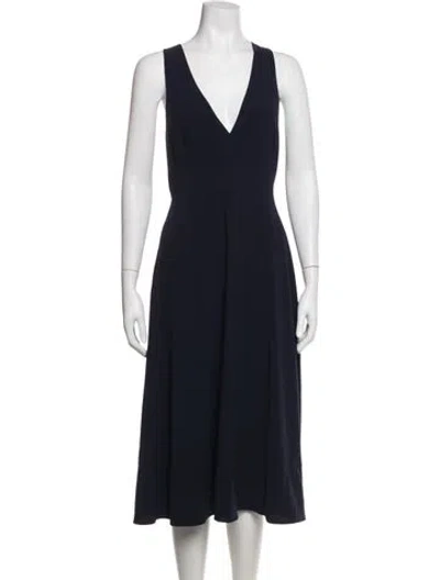 Pre-owned Halston V-neck Midi Length Dress In Blue