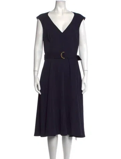 Pre-owned Halston V-neck Midi Length Dress In Blue
