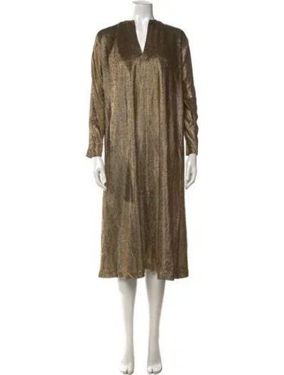 Pre-owned Halston V-neck Midi Length Dress In Gold/metallic
