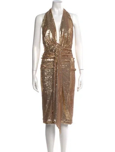 Pre-owned Halston V-neck Midi Length Dress In Multi