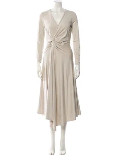 Pre-owned Halston V-neck Midi Length Dress In Neutral