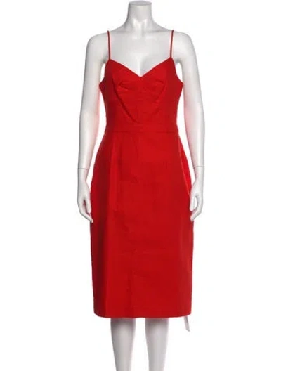 Pre-owned Halston V-neck Midi Length Dress In Red