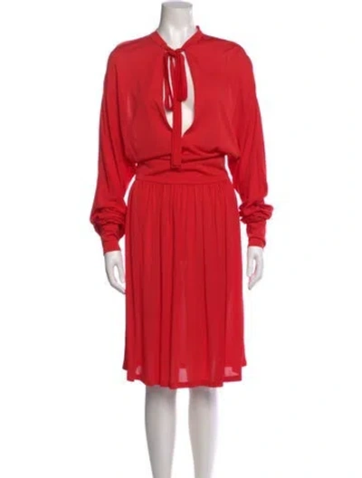 Pre-owned Halston V-neck Midi Length Dress In Red
