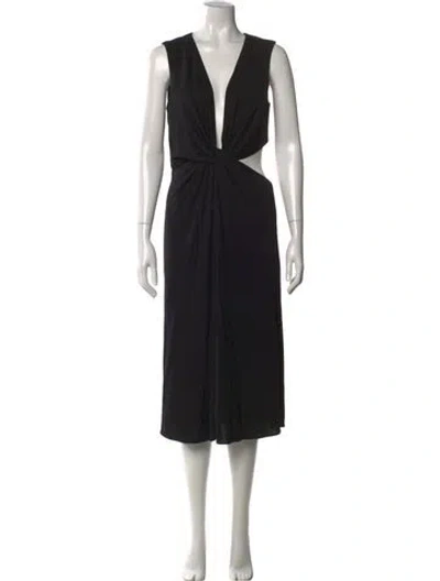Pre-owned Halston V-neck Midi Length Dress W/ Tags In Black