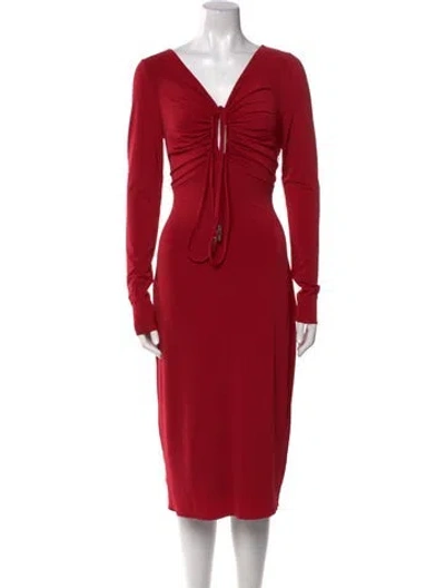Pre-owned Halston V-neck Midi Length Dress W/ Tags In Red