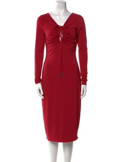 Pre-owned Halston V-neck Midi Length Dress W/ Tags In Red