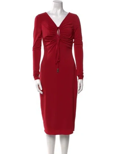 Pre-owned Halston V-neck Midi Length Dress W/ Tags In Red
