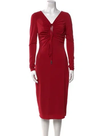 Pre-owned Halston V-neck Midi Length Dress W/ Tags In Red