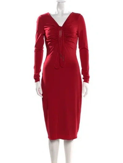 Pre-owned Halston V-neck Midi Length Dress W/ Tags In Red