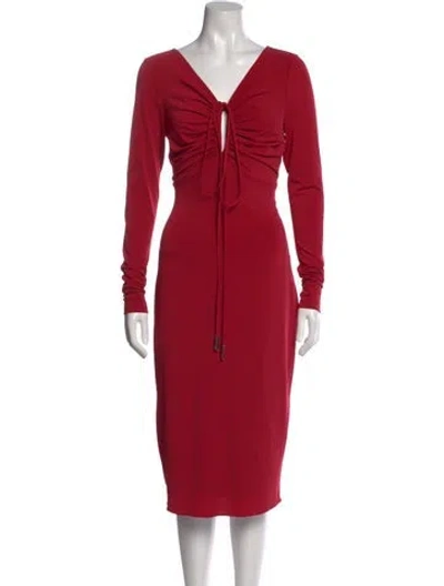 Pre-owned Halston V-neck Midi Length Dress W/ Tags In Red