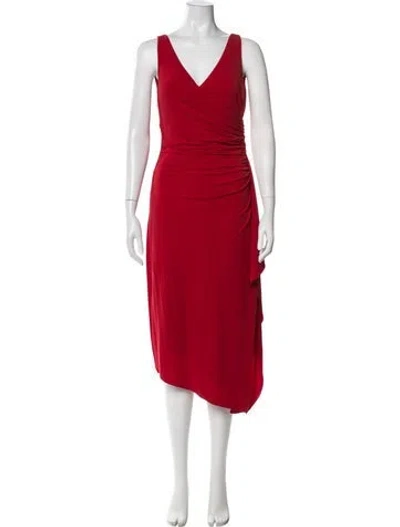Pre-owned Halston V-neck Midi Length Dress W/ Tags In Red