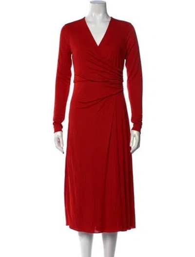 Pre-owned Halston V-neck Midi Length Dress W/ Tags In Red