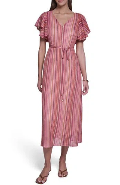 Halston V-neck Ruffled Sleeve Midi Dress In Transparent