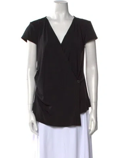Pre-owned Halston V-neck Short Sleeve Blouse In Black