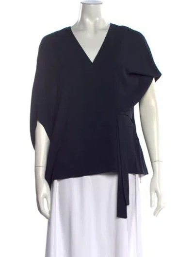 Pre-owned Halston V-neck Short Sleeve Blouse W/ Tags In Blue