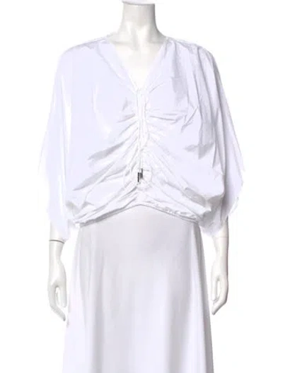 Pre-owned Halston V-neck Short Sleeve Blouse In White