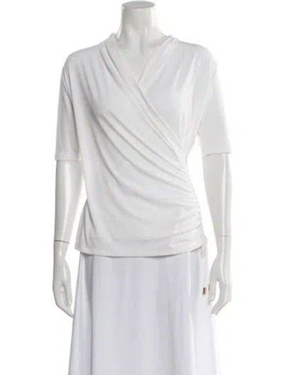 Pre-owned Halston V-neck Short Sleeve Blouse In White